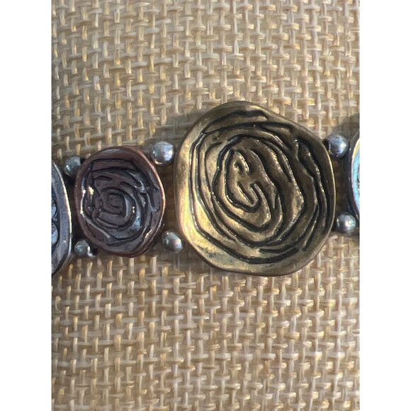 Vintage Mixed Metal Medallion Stretch Bracelet Clear Rhinestones Estate 6.5" - Picture 2 of 4